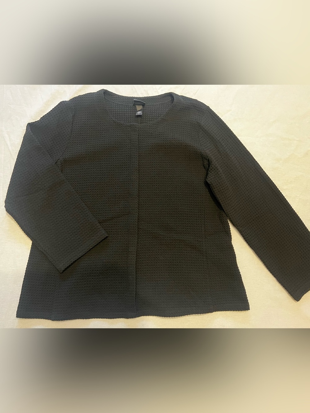 Eileen Fisher Black Waffle Knit Old Money Cardigan Jacket Italian Fabric Size L